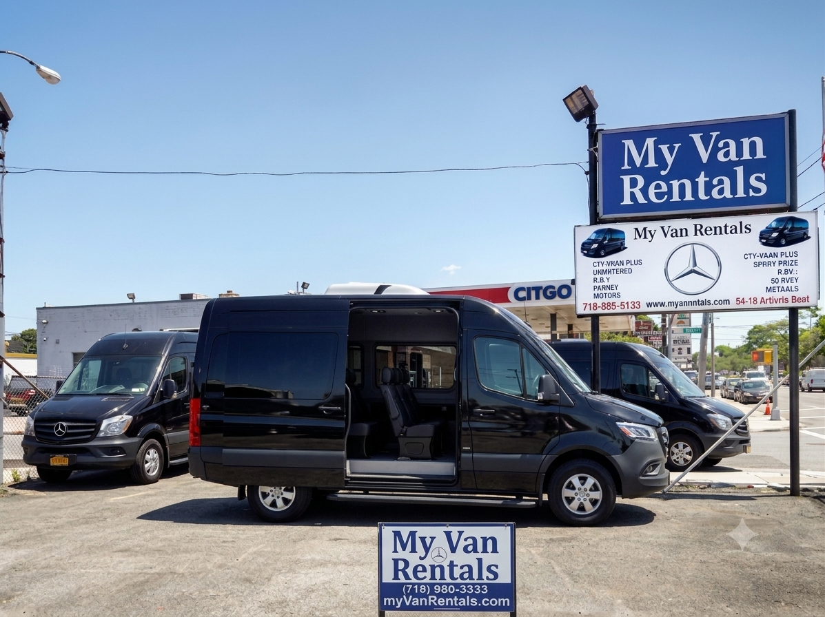 My Van Rentals lot with black Mercedes Sprinter passenger vans